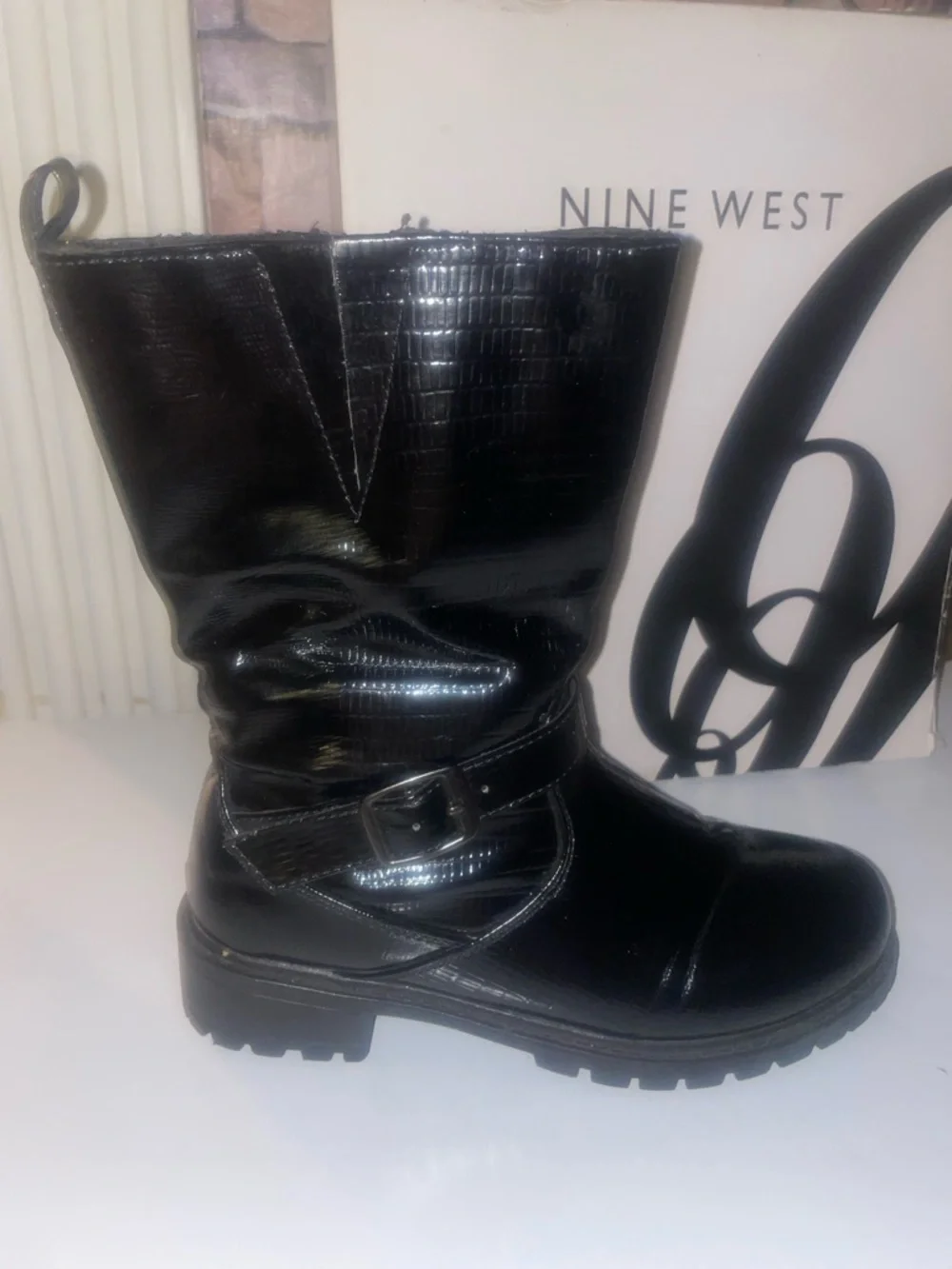 Nine West Black Patent Harness Mid-Calf Boots with Buckle